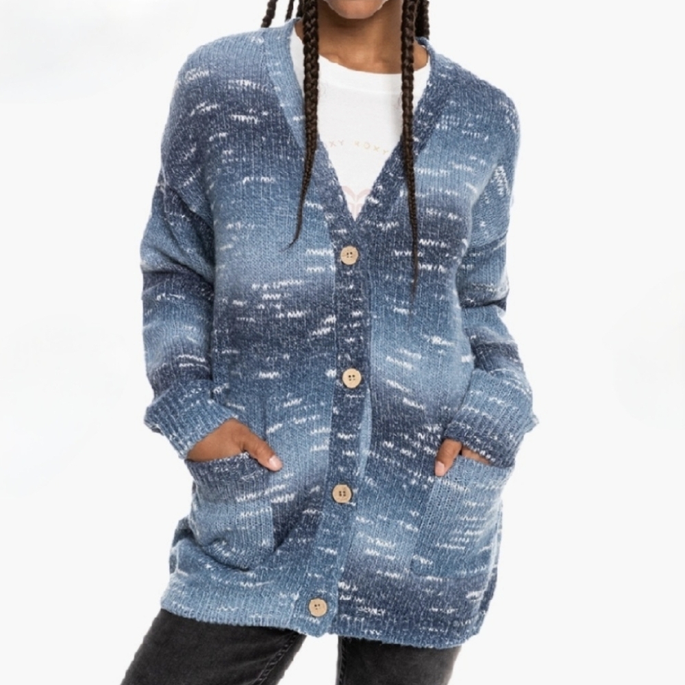 Roxy Blue Gradient Ombré Cardigan Knit Sweater